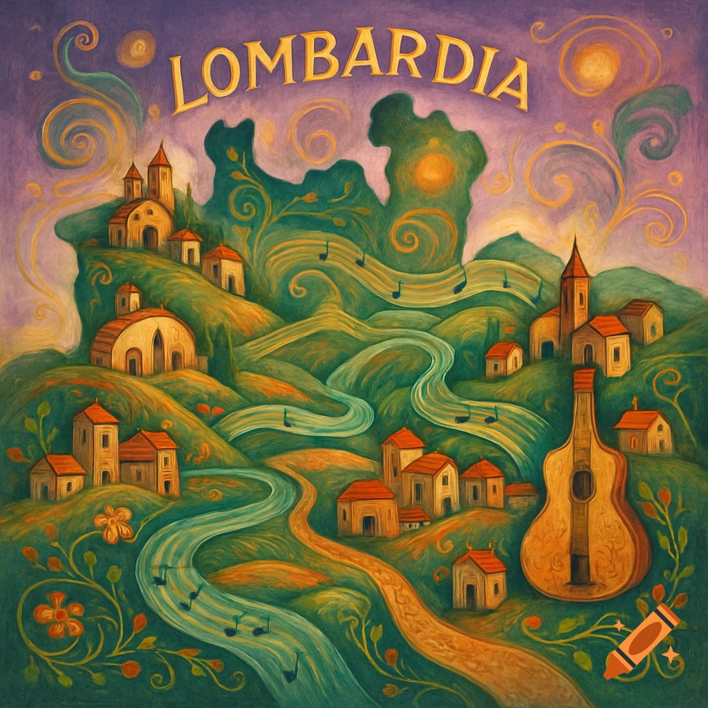 A colorful, surrealist map-like landscape of Lombardia with villages, rivers, musical notes, and a large guitar.