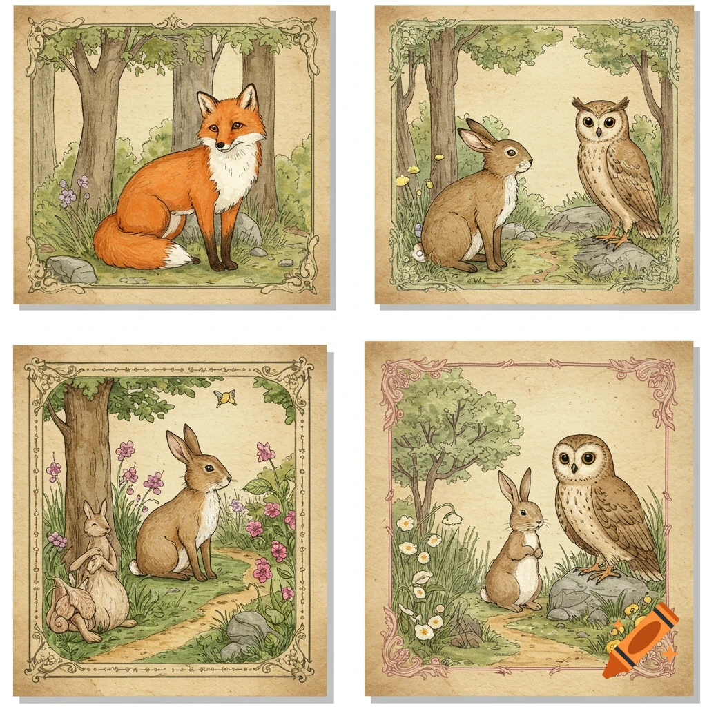 Four vintage-style watercolor illustrations of woodland animals including a fox, rabbits, and owls in forest settings with decorative frames.