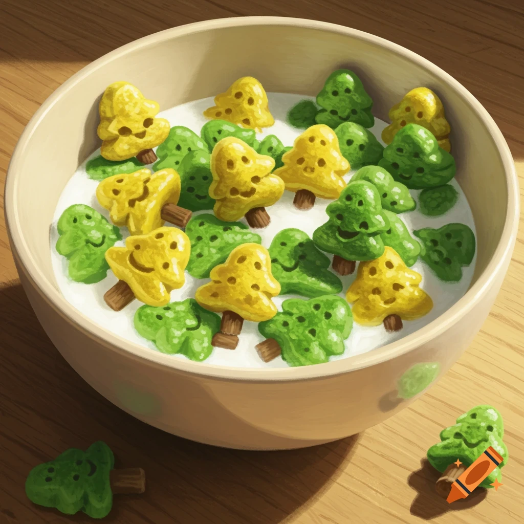 A close-up illustration of a bowl of milk with green and yellow tree-shaped cereal pieces, some with smiling faces, with a few pieces spilled on a wooden table.