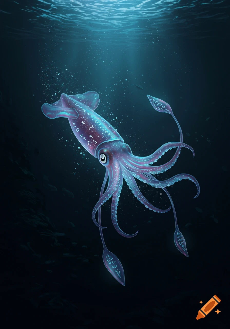 A glowing, bioluminescent squid with ancient-looking symbols inscribed on its body and tentacles floats in dark blue underwater depths, illuminated by a light source from above.