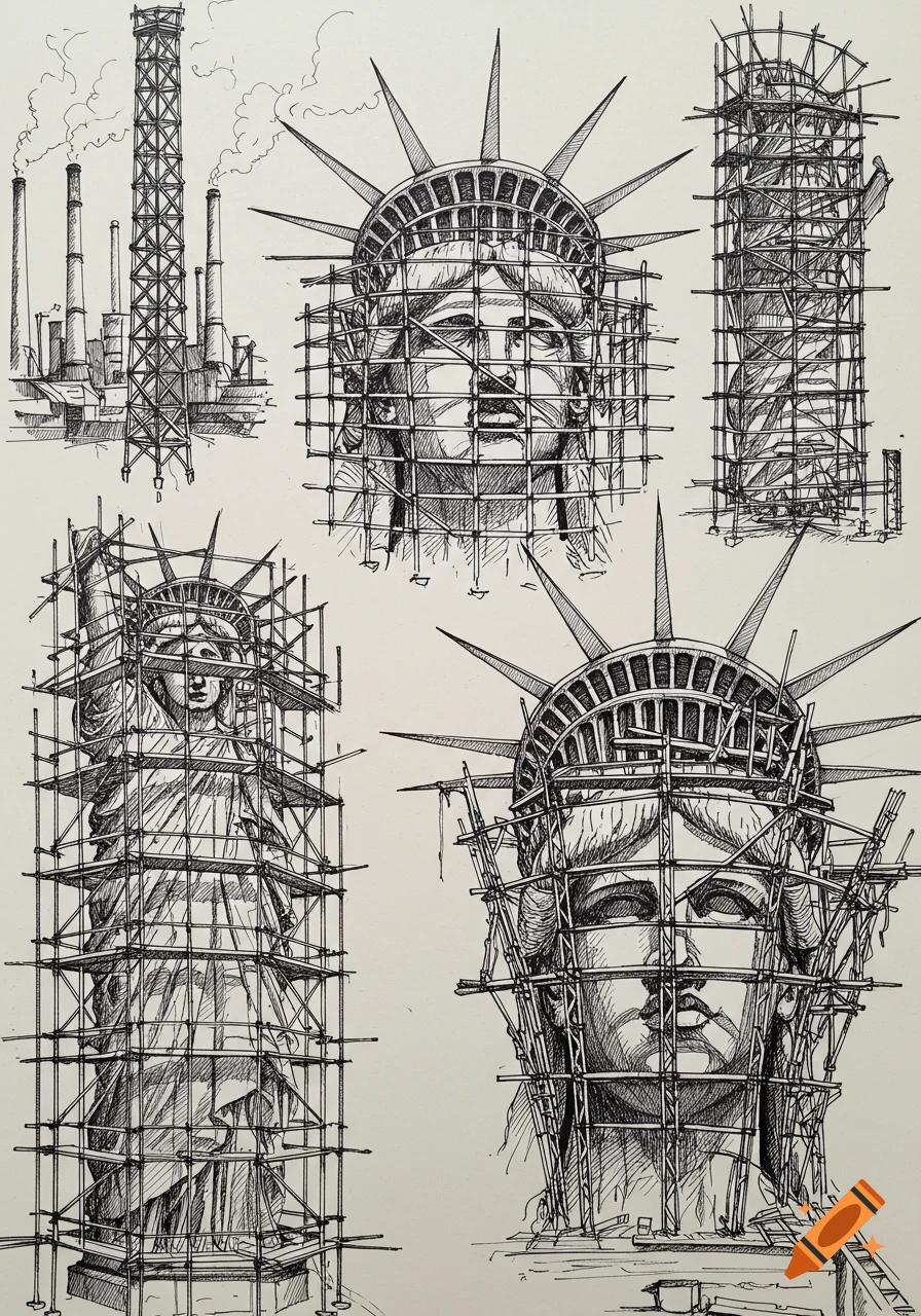 Pen and ink sketches of the Statue of Liberty surrounded by scaffolding during its construction, alongside an industrial complex.