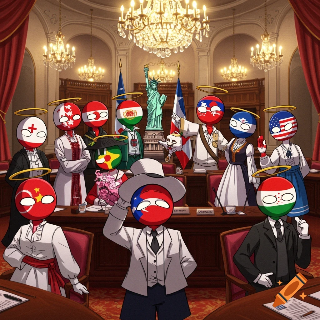 Anime-style characters with country flags for faces attend a political meeting in a grand hall with chandeliers.