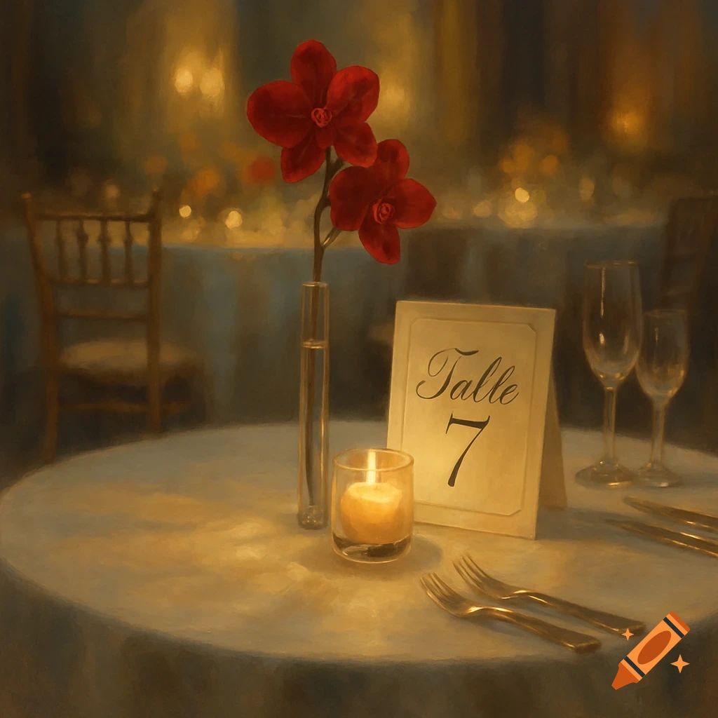 A wedding reception table with red orchids, a lit candle, and a table sign in a warm, painterly style.
