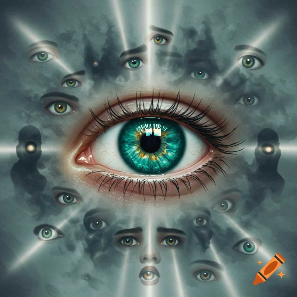 A surreal image featuring a large central eye surrounded by many smaller eyes and faces, with light beams against a cloudy background.