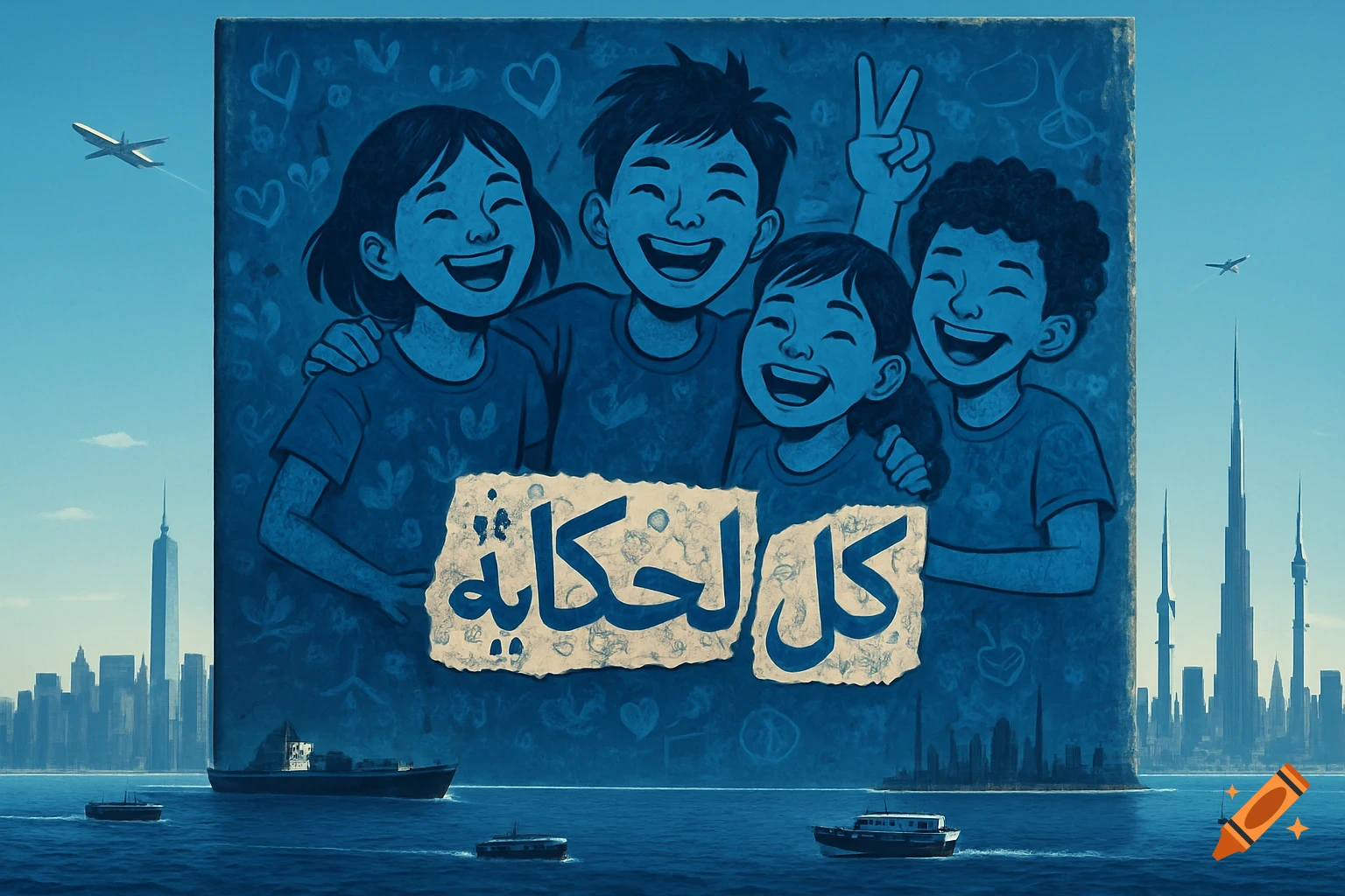 A blue cartoon mural of four laughing children in a sea, with Arabic text on torn paper. Modern city skylines and airplanes are in the background.