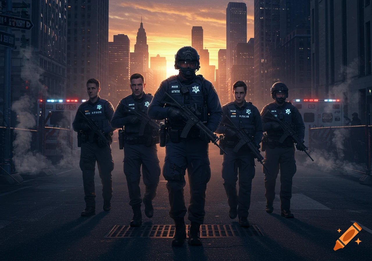 Five police officers in tactical gear walk forward on a city street at sunset, with skyscrapers in the background.
