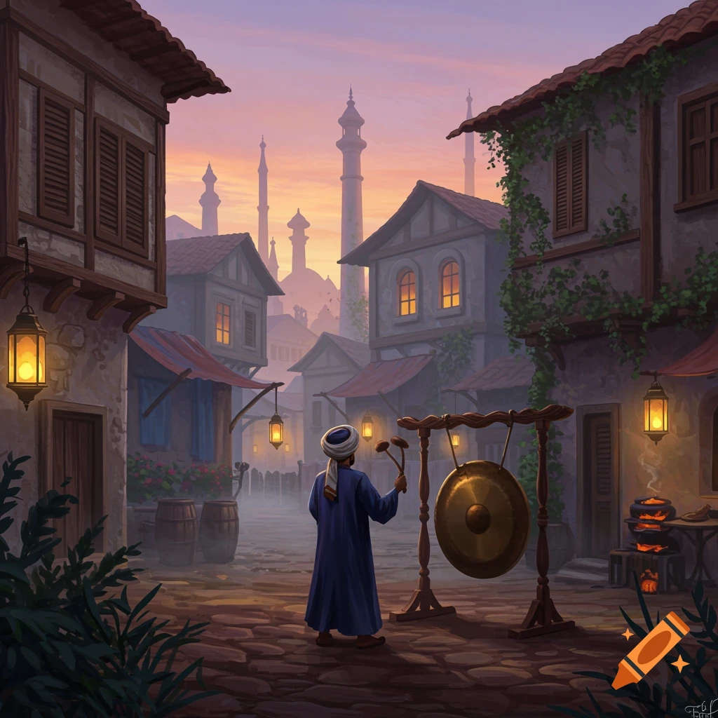 A man in traditional attire plays a large gong in an old-world city street at sunset, with minarets and illuminated windows, in a digital painting style.