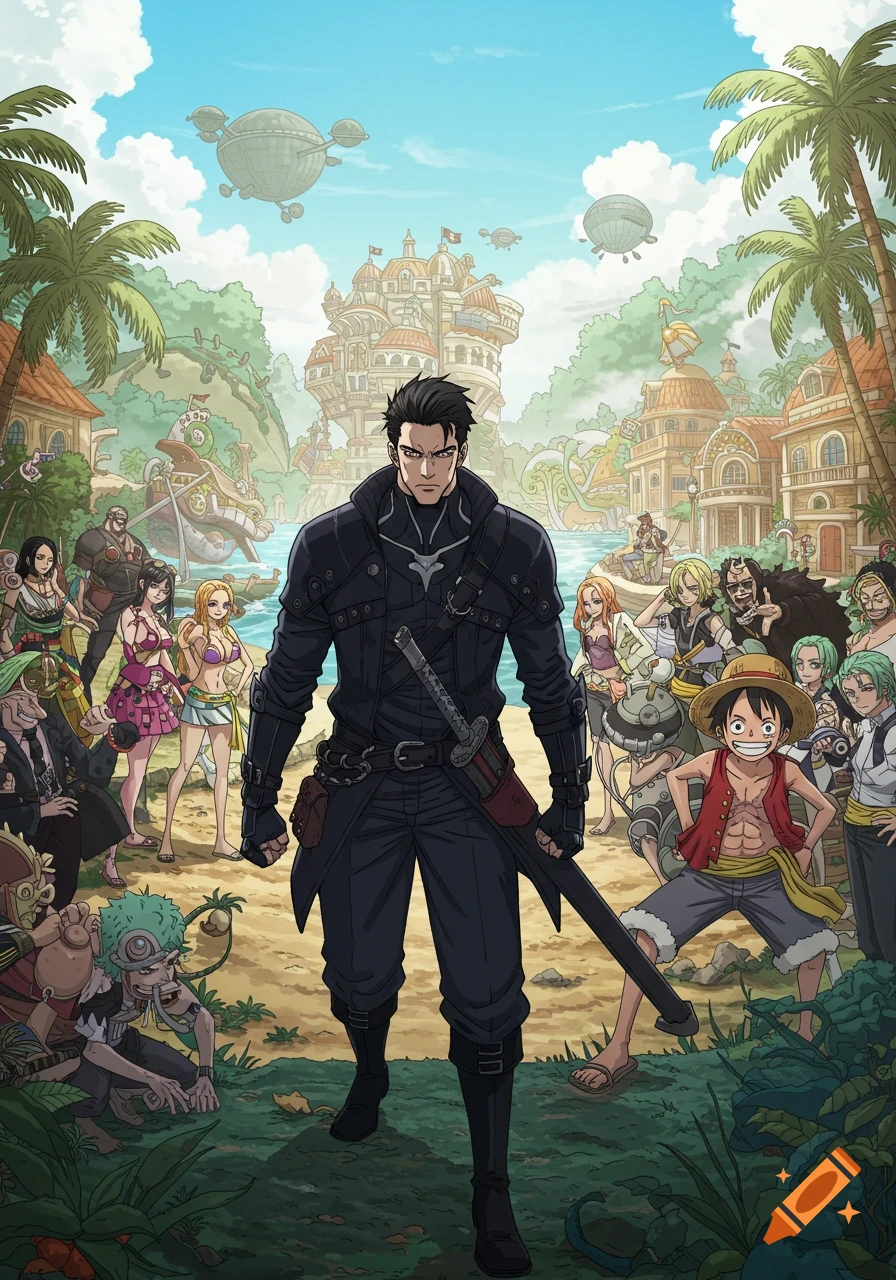 Anime illustration of a man in black armor standing on a tropical island with One Piece characters and airships.