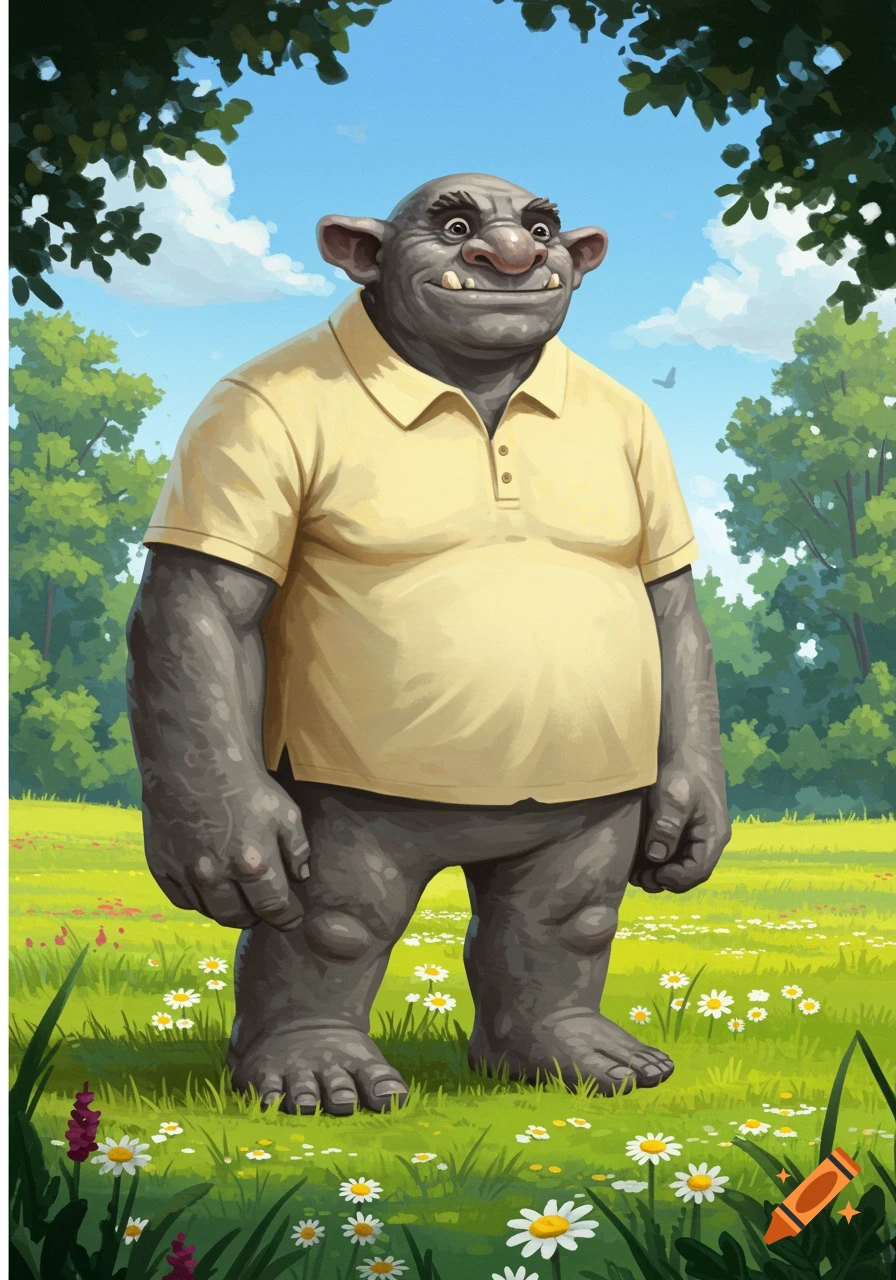 A grey-skinned troll wearing a yellow polo shirt stands in a grassy field with daisies under a blue sky.
