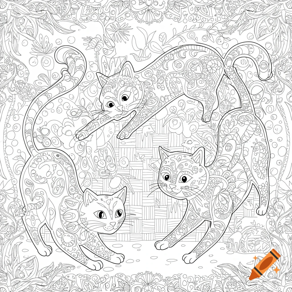 Black and white coloring page featuring three intricately patterned cats surrounded by ornate floral designs.