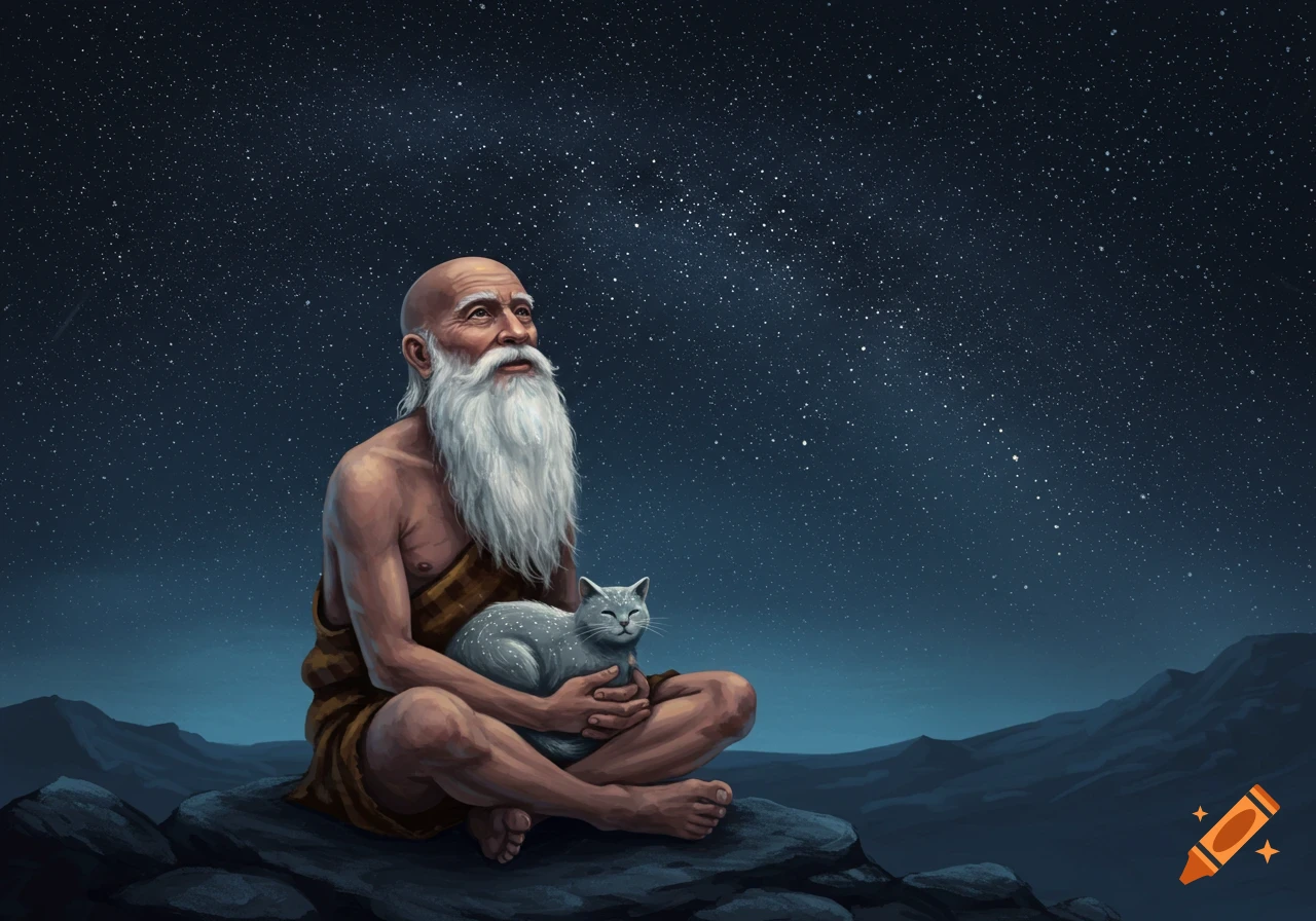 A bald man with a long white beard sits cross-legged on a rock, holding a grey cat, looking up at a starry night sky.