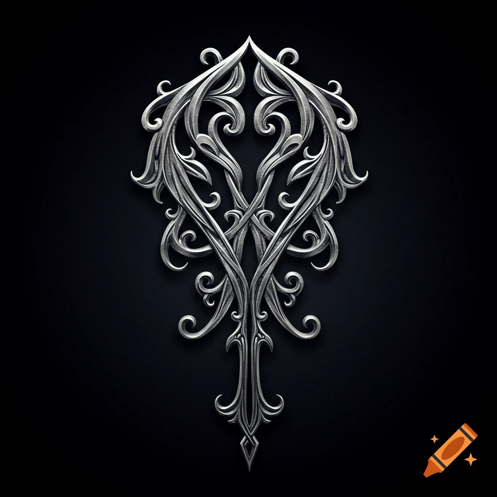 An intricate, symmetrical silver elven symbol, richly detailed with swirling patterns, set against a dark black background.