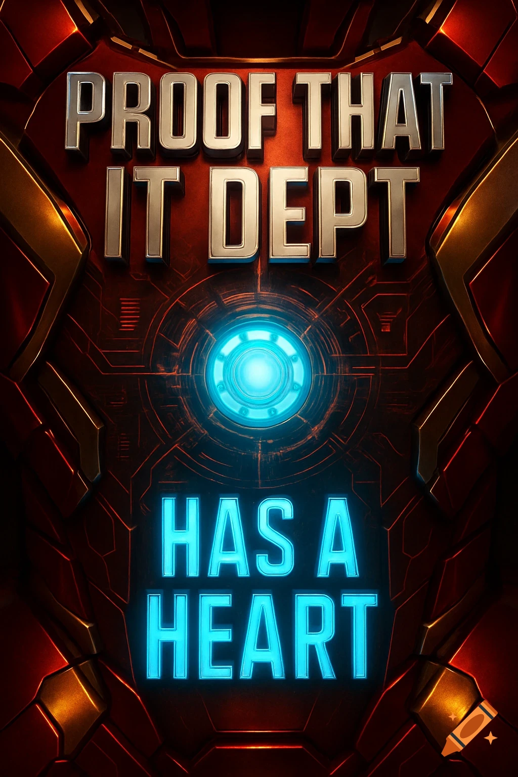 Close-up of Iron Man's arc reactor chest plate with metallic and glowing blue text saying 'PROOF THAT IT DEPT HAS A HEART'.