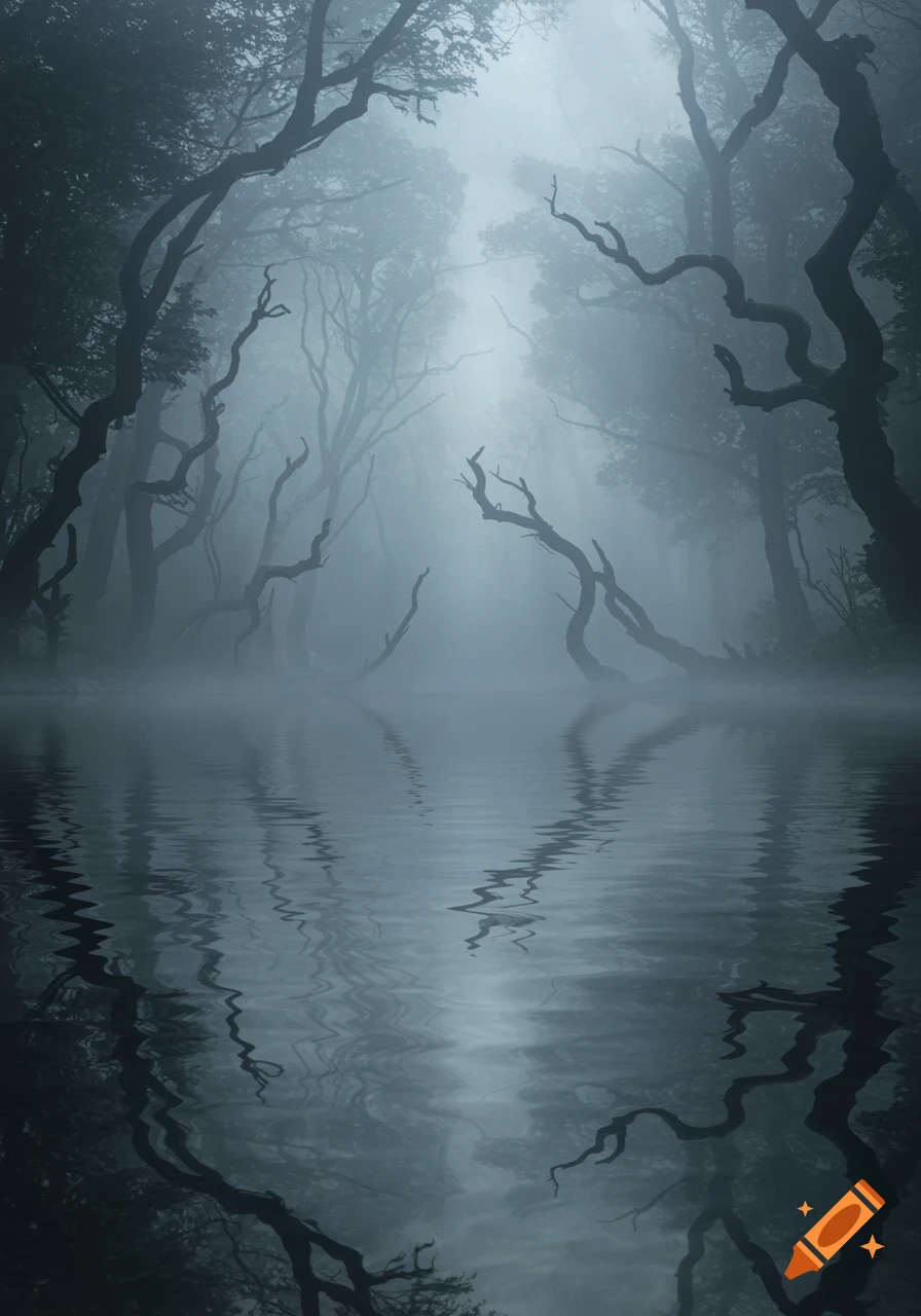 An eerie, misty forest with gnarled trees reflected in still water.