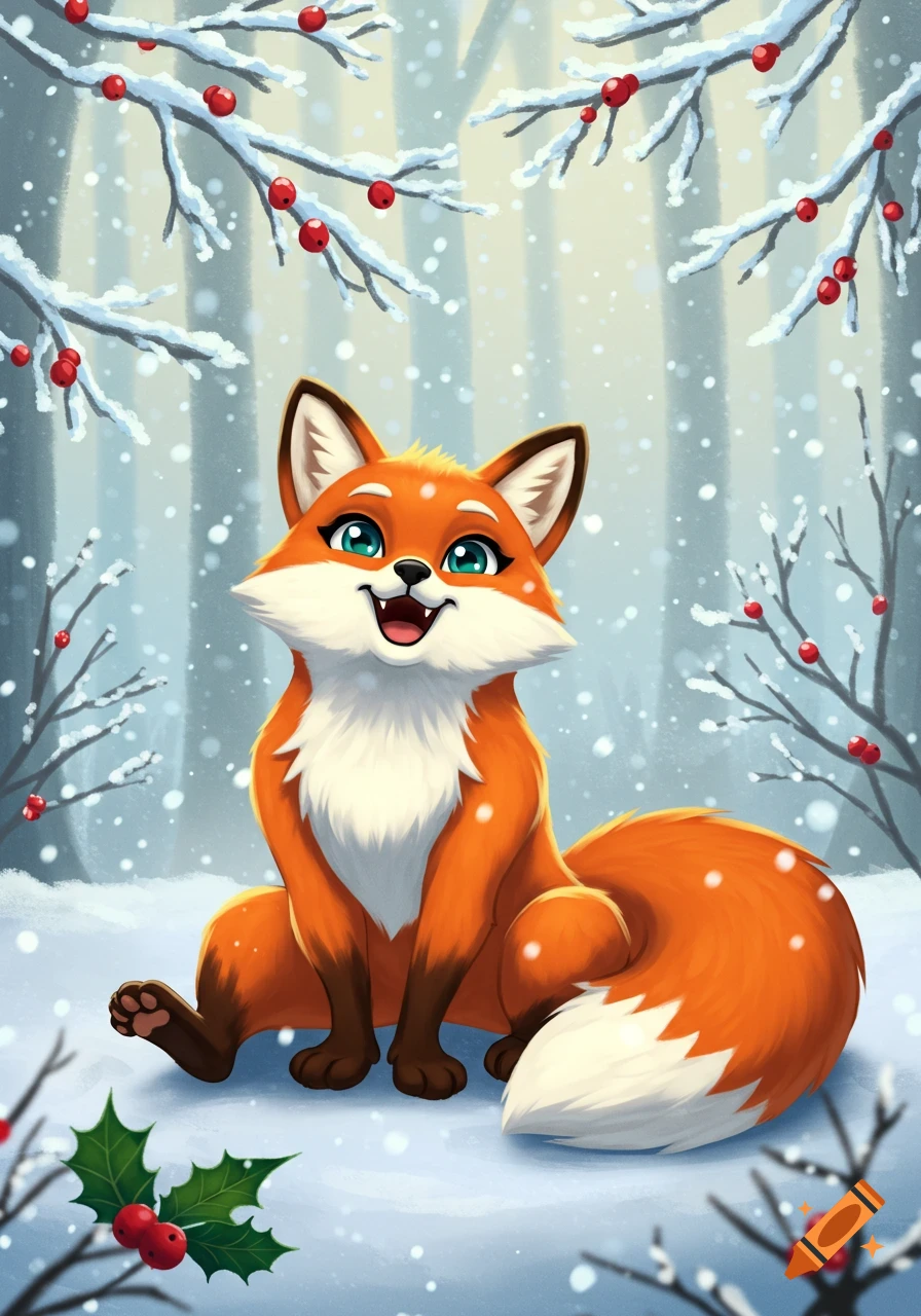 A cute, happy cartoon fox with green eyes sits in a snowy winter forest under branches with red berries.