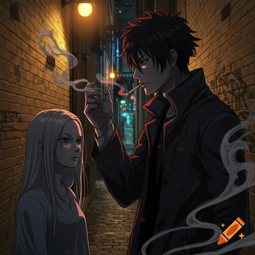 An anime drawing of a guy smoking a cigarette and looking at a girl in a dark, neon-lit alley at night.