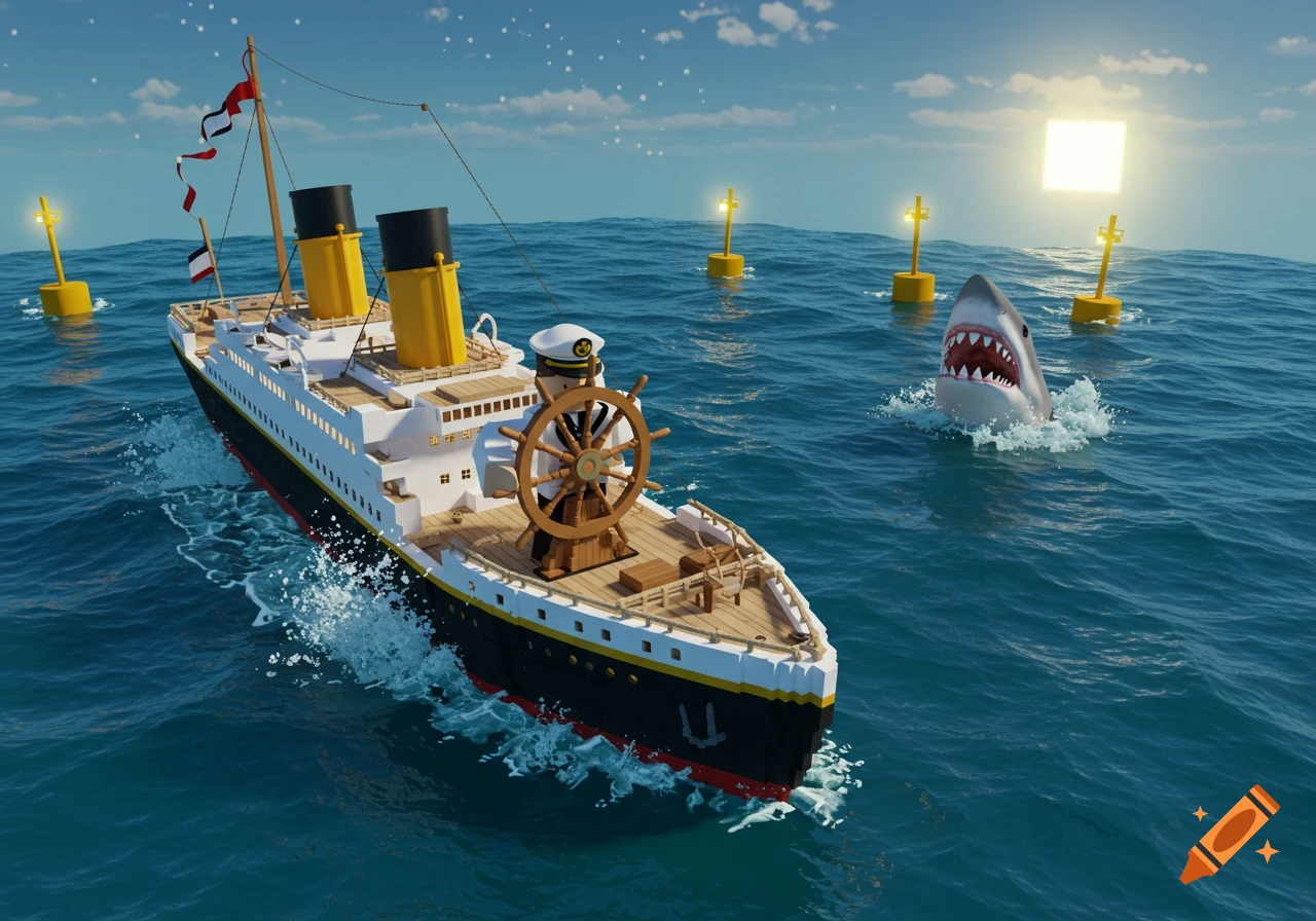 A Roblox-style Titanic sails on the ocean with a captain at the helm, as a shark lunges out of the water nearby, surrounded by glowing buoys.