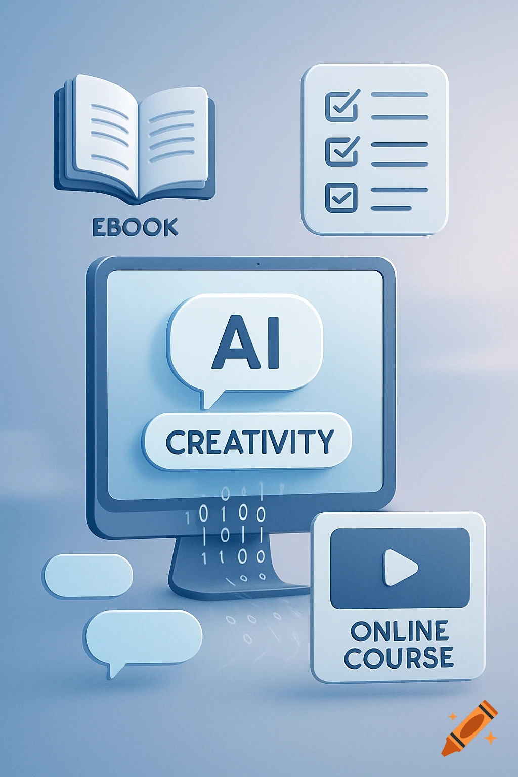Sleek 3D icons for an ebook, checklist, and online course float around a computer monitor displaying 'AI CREATIVITY' and binary code.