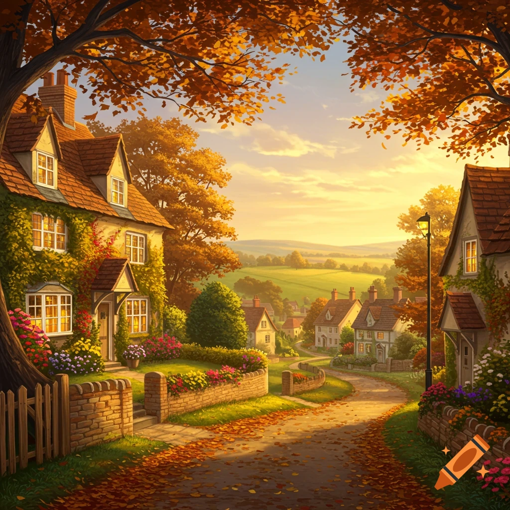 A picturesque autumn village scene with charming cottages, a winding path covered in fallen leaves, and golden sunlight.