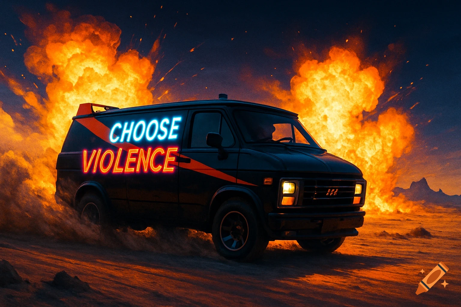 A black van with 'CHOOSE VIOLENCE' in blue and red neon text drives through a desert as large orange explosions ignite behind it.