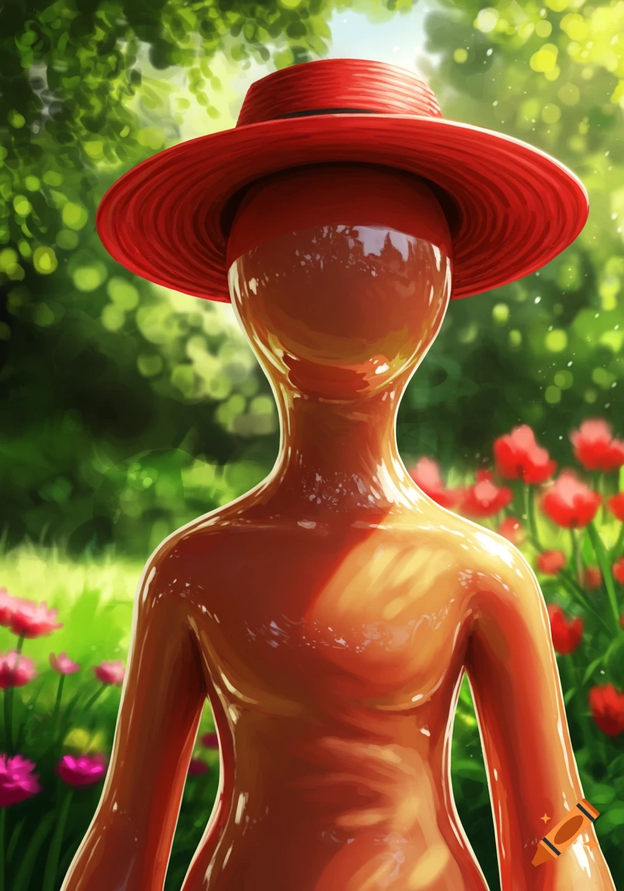 A glossy, reddish-orange humanoid figure wearing a red straw hat stands in a vibrant green garden with red and pink flowers.