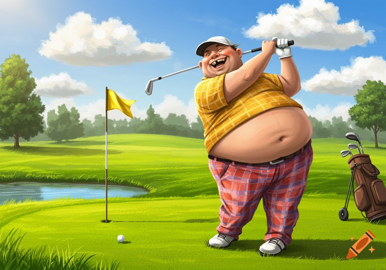A smiling, obese cartoon golfer in plaid, missing front teeth, swings a club on a sunny golf course.