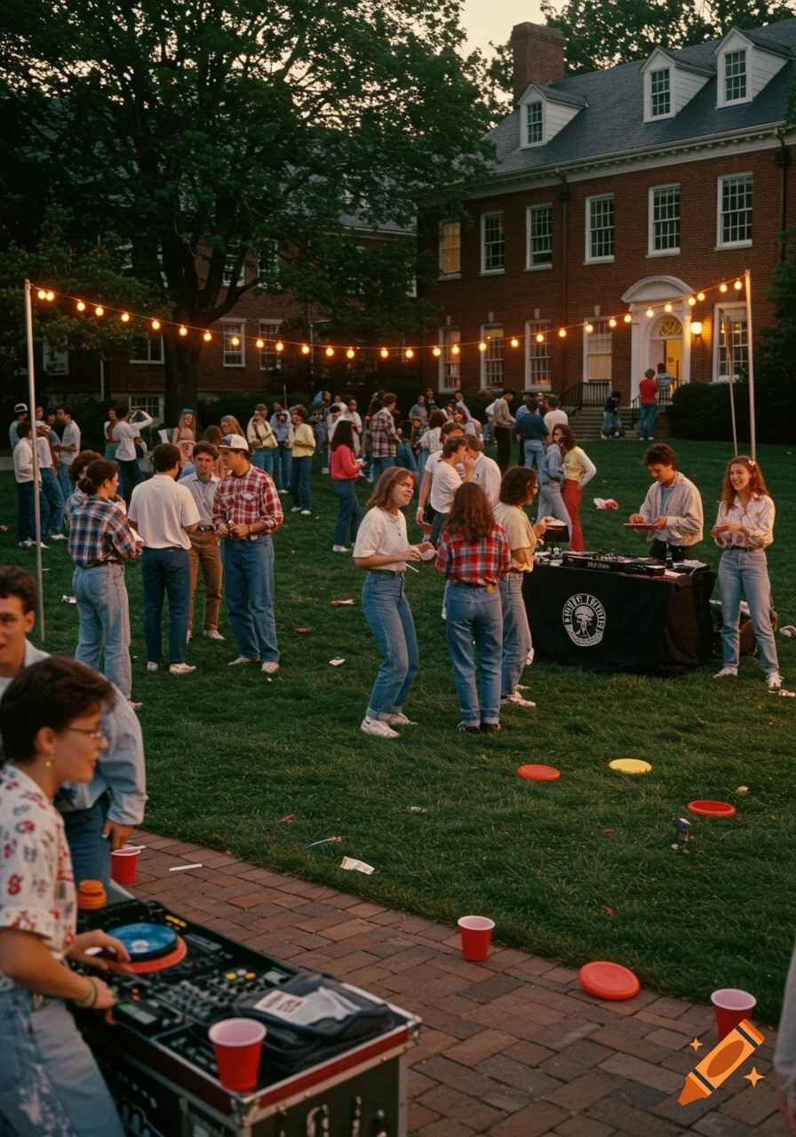 A large group of young adults mingle on a grassy lawn under string lights at a college party at dusk, with a brick building in the background.
