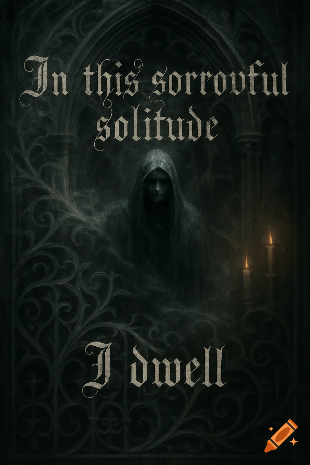 Dark hooded figure in a gothic archway with ornate ironwork and candles. Text: 'In this sorrowful solitude I dwell'.