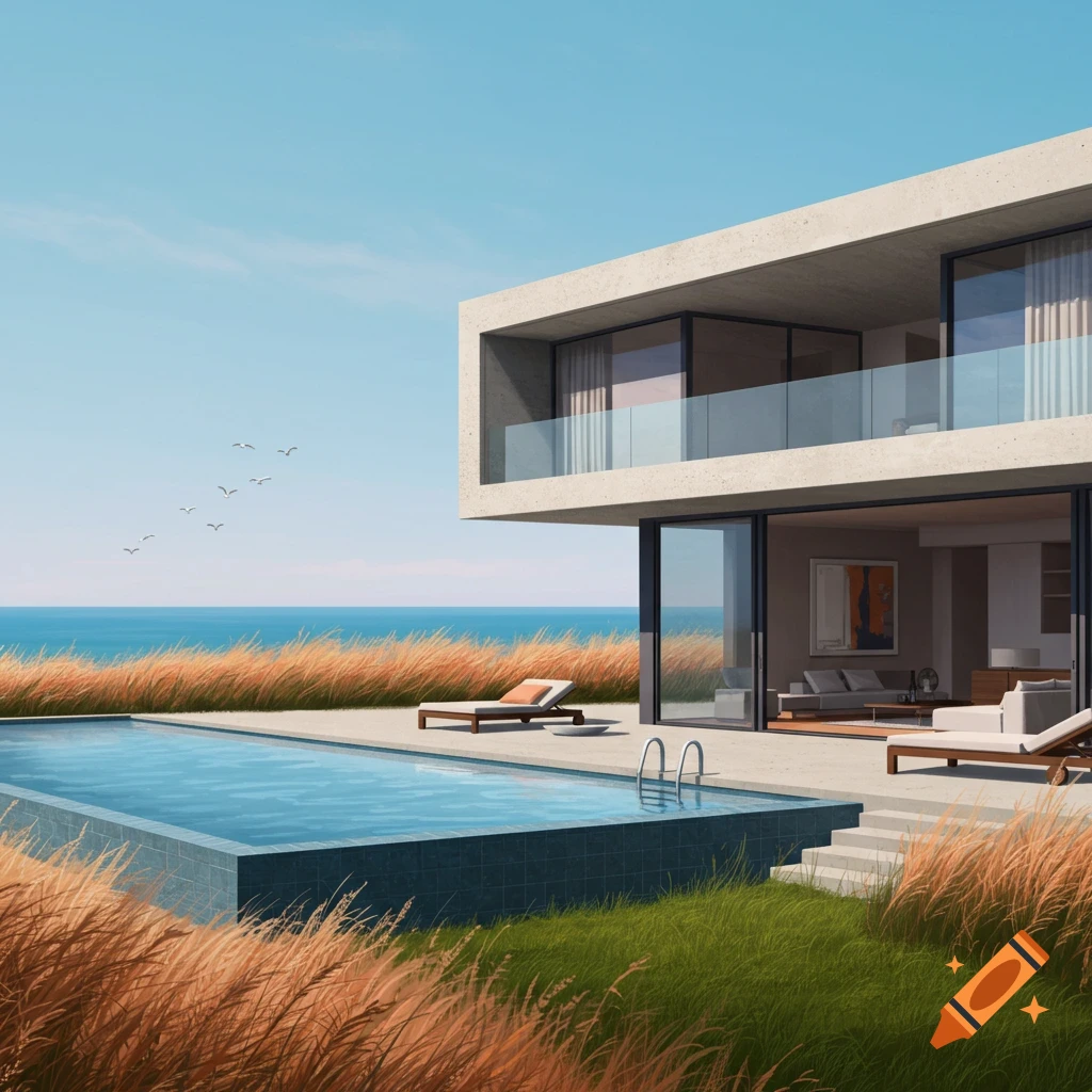 A luxurious modern minimalistic mansion with a swimming pool overlooking the ocean, surrounded by tall golden grass under a clear blue sky.