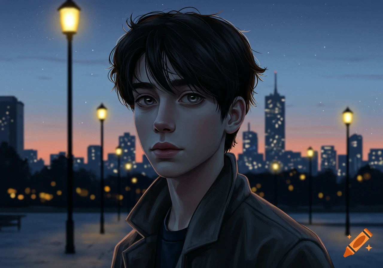 Digital art portrait of a dark-haired teen with pale skin, standing outdoors at dusk with city lights and buildings in the background.