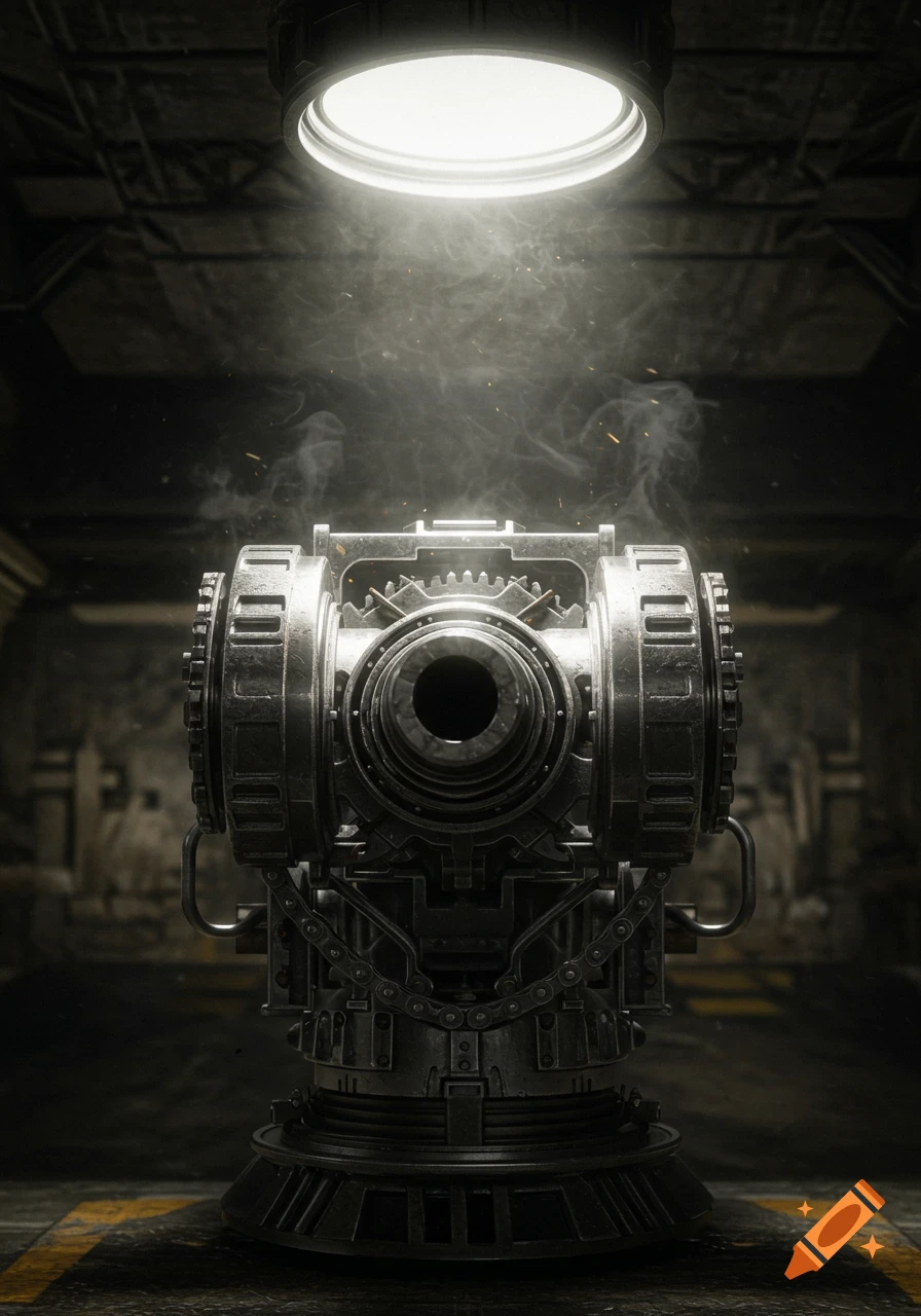 A detailed, metallic, industrial minigun-like machine in a dark, smoky setting under a bright overhead light.