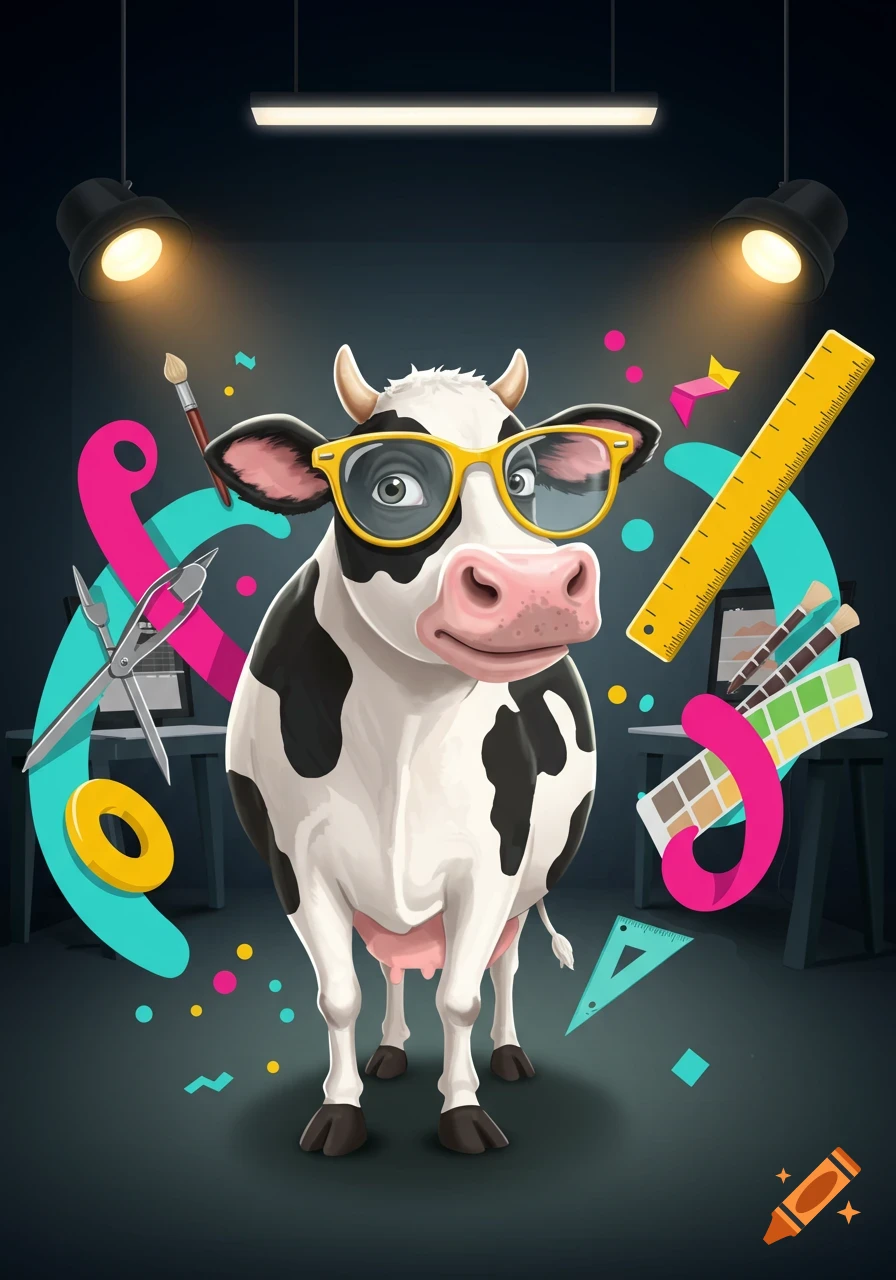A cartoon cow wearing yellow glasses stands amidst oversized graphic design tools like scissors, a ruler, and paint palettes in a studio.