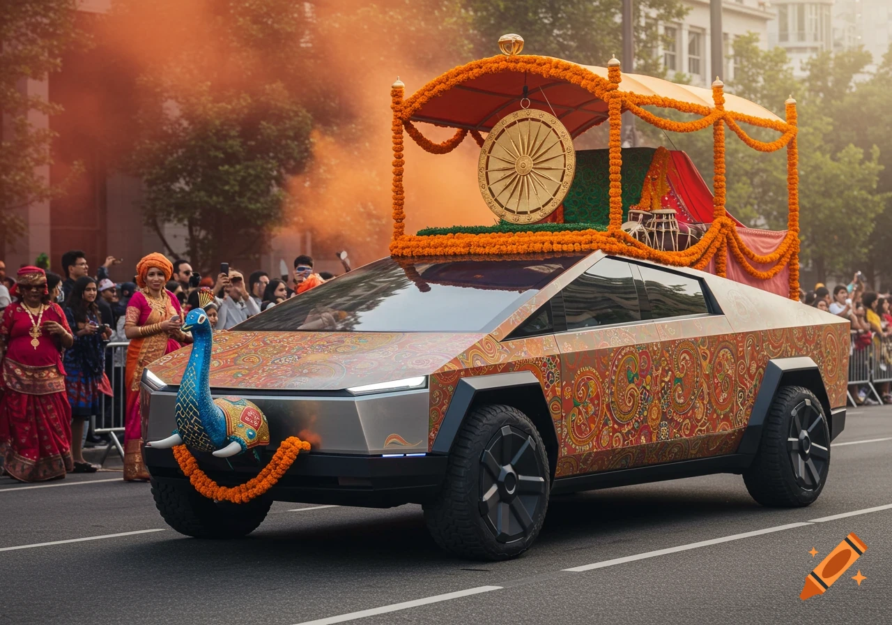 A highly decorated Tesla Cybertruck with Indian patterns, a peacock, and garlands, driving in a photorealistic parade with orange smoke.