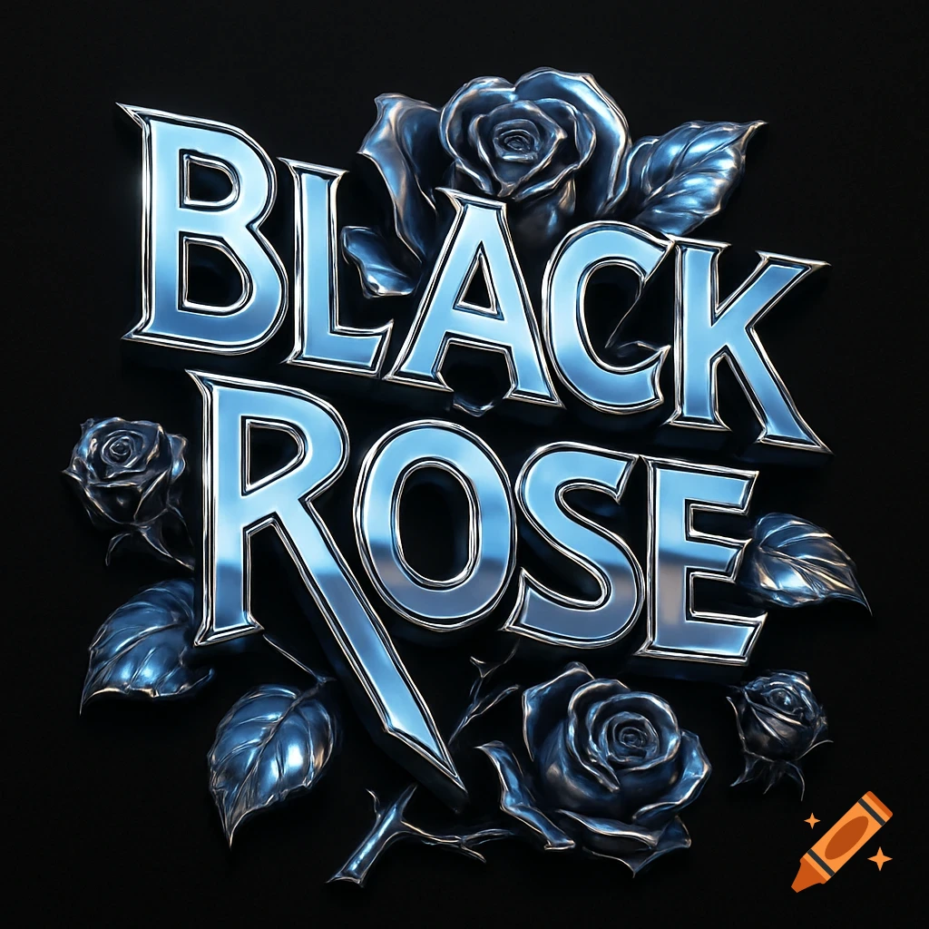 The words 'BLACK ROSE' rendered in shiny 3D chrome letters, surrounded by metallic black roses and leaves on a dark background.