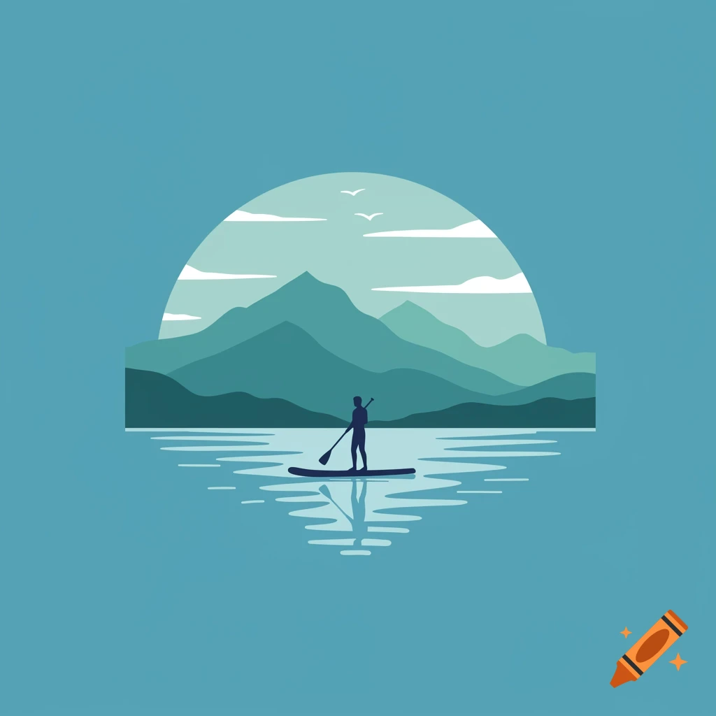 Minimalist vector art logo of a lone paddleboarder on a calm lake with layered mountains and a sun or moon in the background, in blue and green hues.