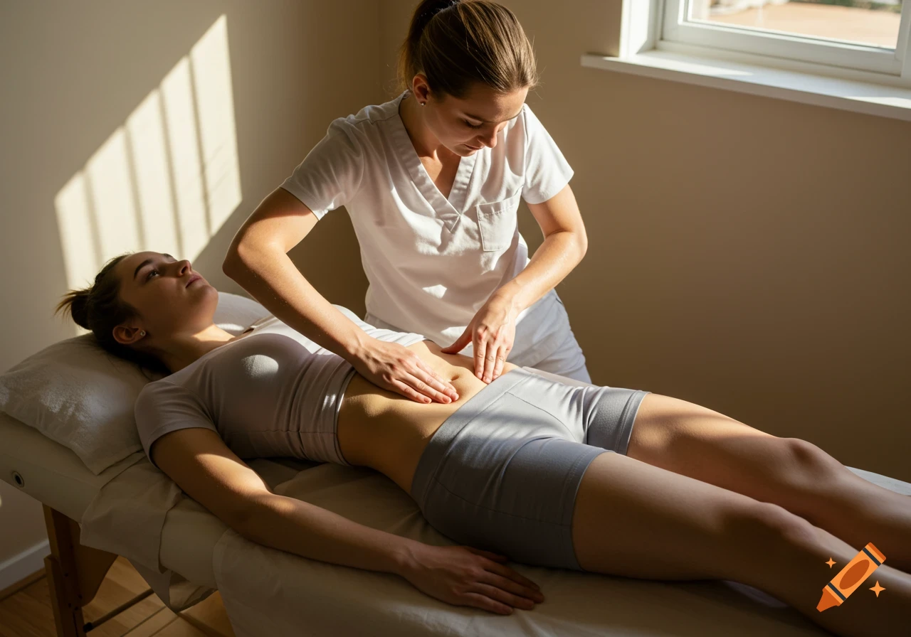 A therapist massages the abdomen of a woman lying on a treatment table in a sunlit room.