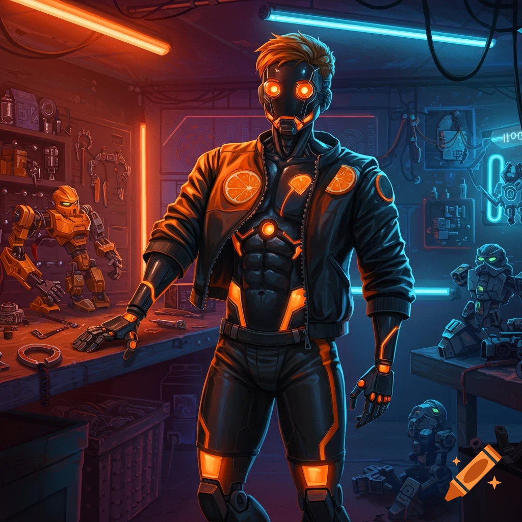 An orange and black robotic character with glowing eyes and accents stands in a workshop, wearing a jacket with orange slices, surrounded by robot figures and tools, under neon lights.