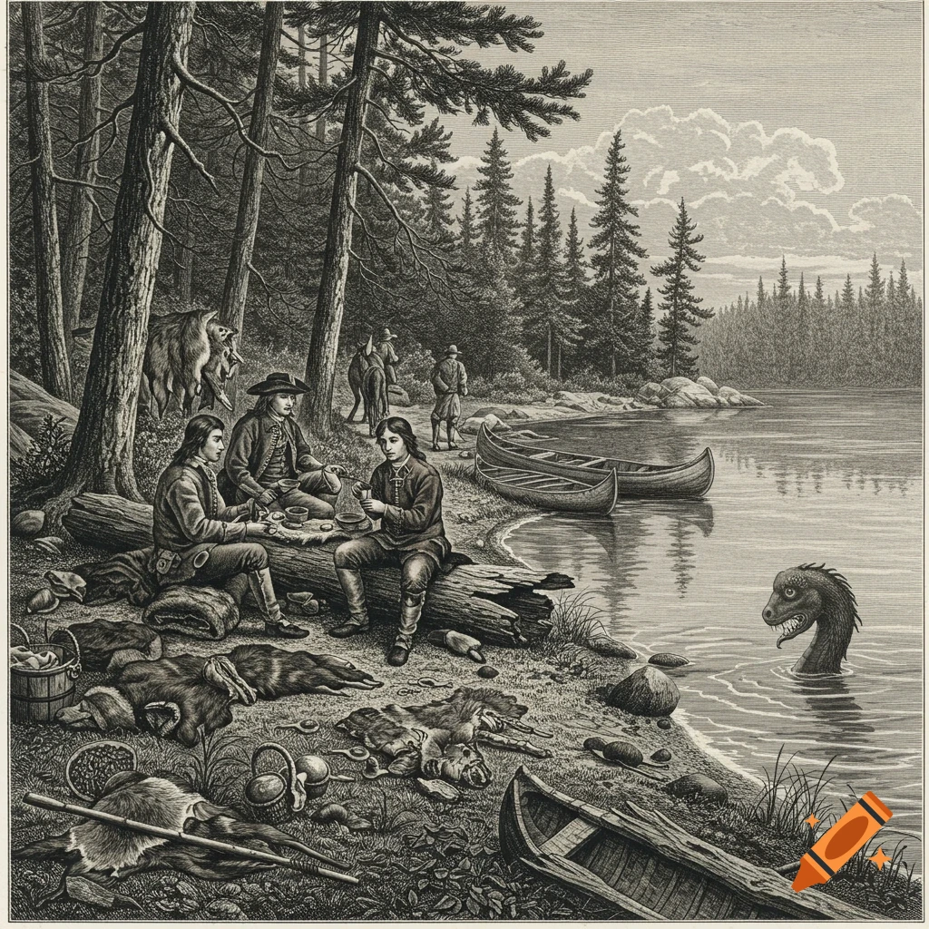 An etching depicts French fur traders by a lake with canoes, a forest, and a sea monster emerging from the water.