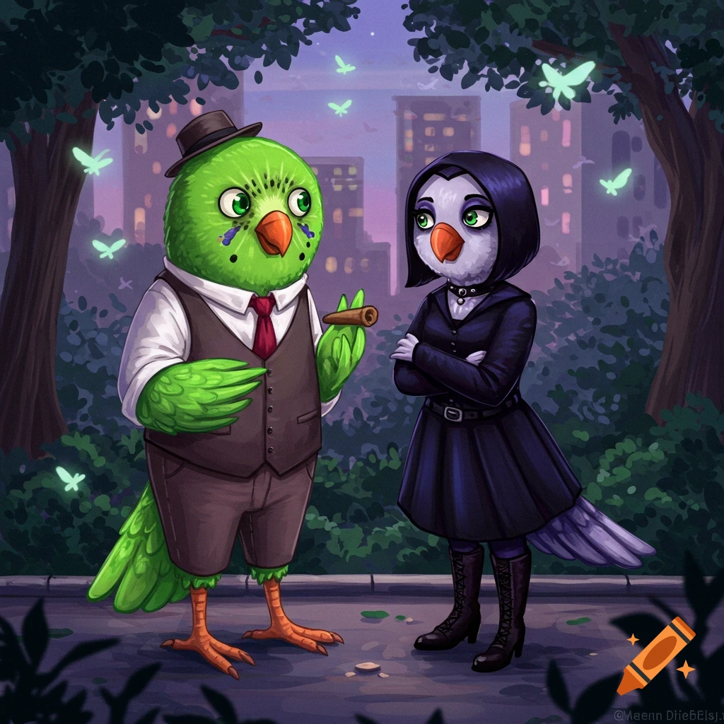 A green kiwi bird in a suit and hat, holding a cigar, talks to a grey goth bird in a black dress in a park at dusk with glowing butterflies and city buildings.