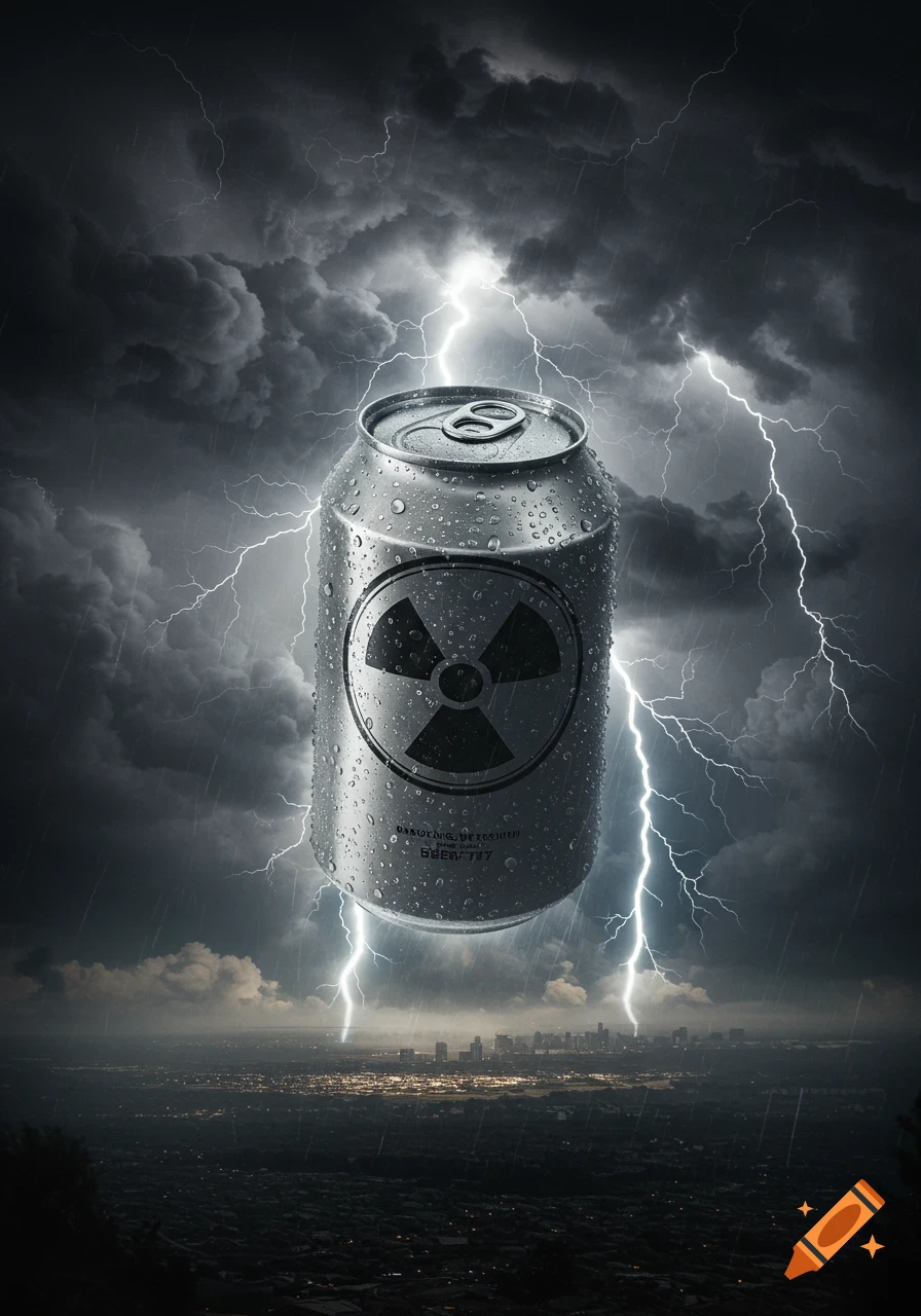 A wet, metallic can with a radiation symbol hovers in a stormy sky above a city lit at night with lightning striking around it, in a photorealistic style.