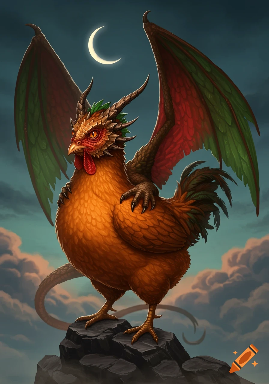 A fantastical creature, a dragon-chicken hybrid, stands on a rocky outcrop under a crescent moon in a mystical setting.