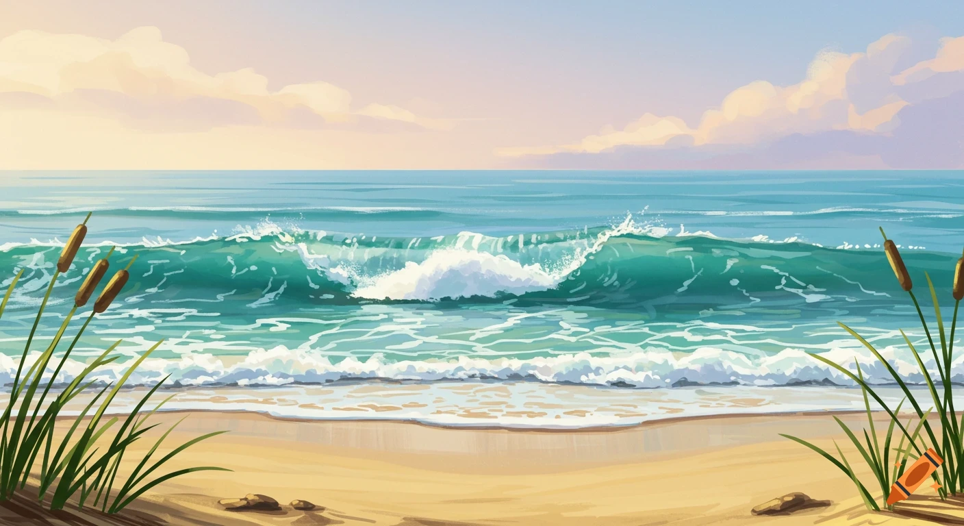 An artistic illustration of ocean waves breaking on a sandy beach with reeds in the foreground.