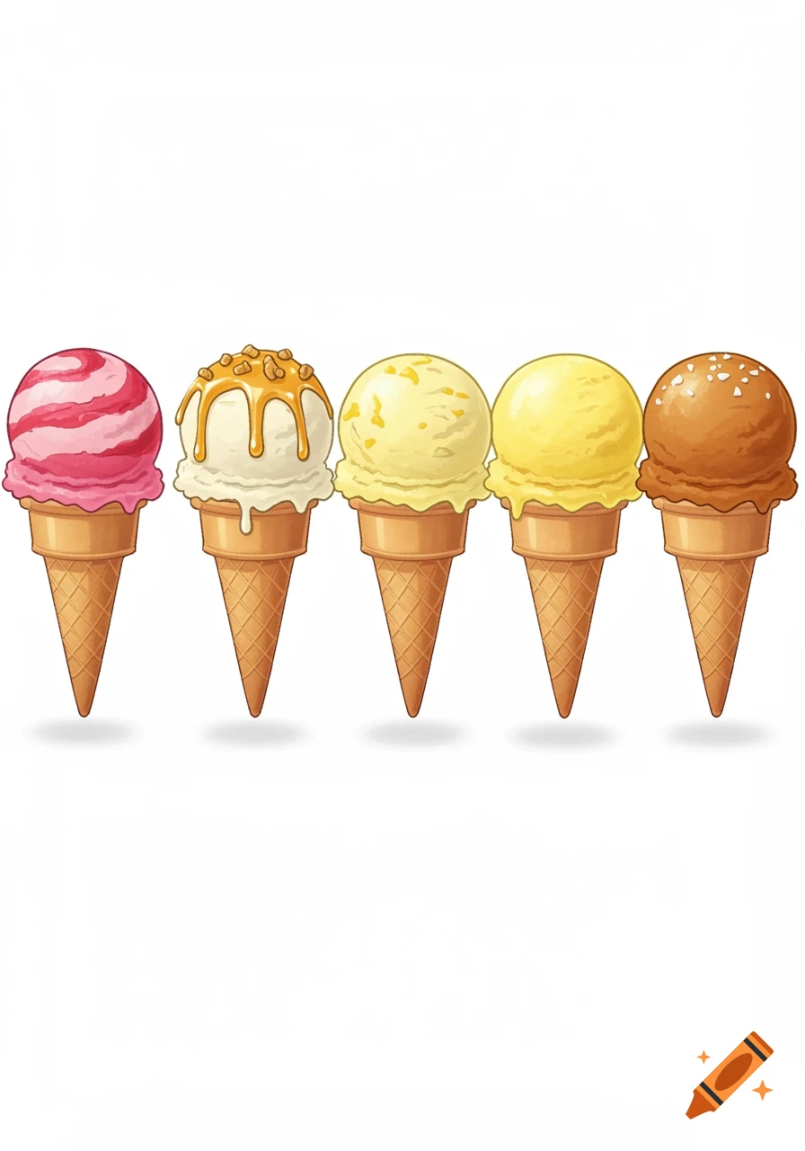 Five cartoon ice cream cones in a row, featuring raspberry, vanilla with caramel and walnuts, lemon, and salted caramel flavors.