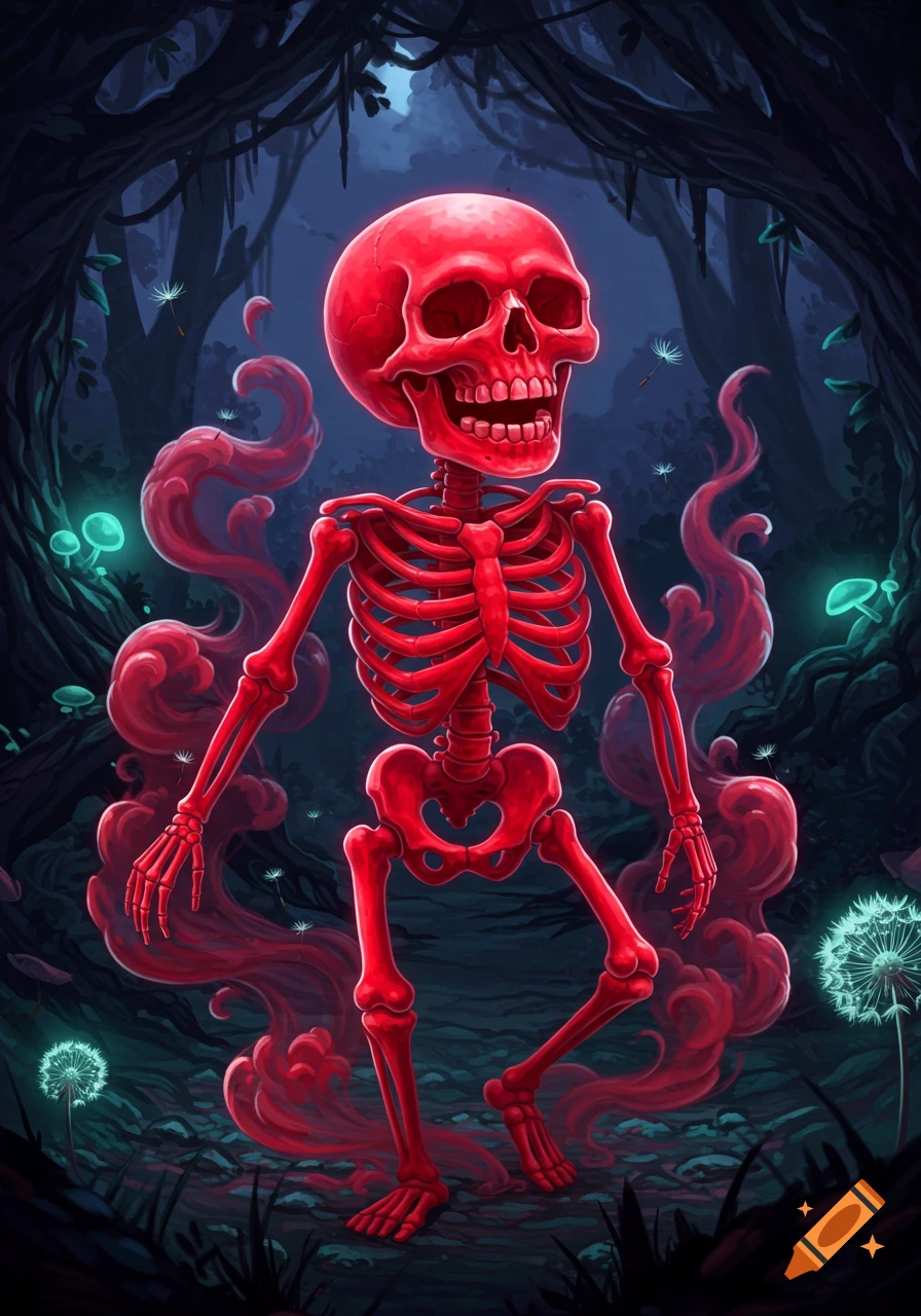 A vibrant red skeleton stands in a dark, mystical forest with glowing mushrooms and floating dandelion seeds, in a stylized illustration.