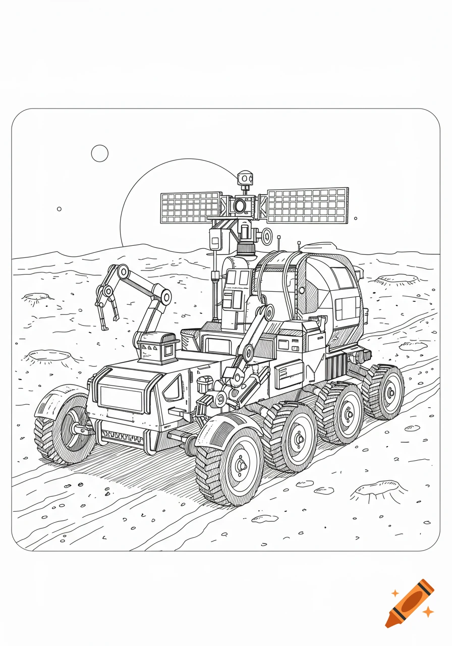 Line art drawing of a detailed moon rover on a cratered lunar landscape under a large moon.