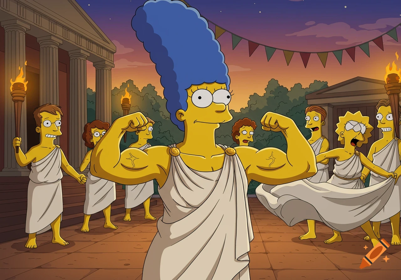 Cartoon Marge Simpson flexing muscles in a toga, surrounded by other Simpsons characters in an ancient Greek-style party scene at sunset.
