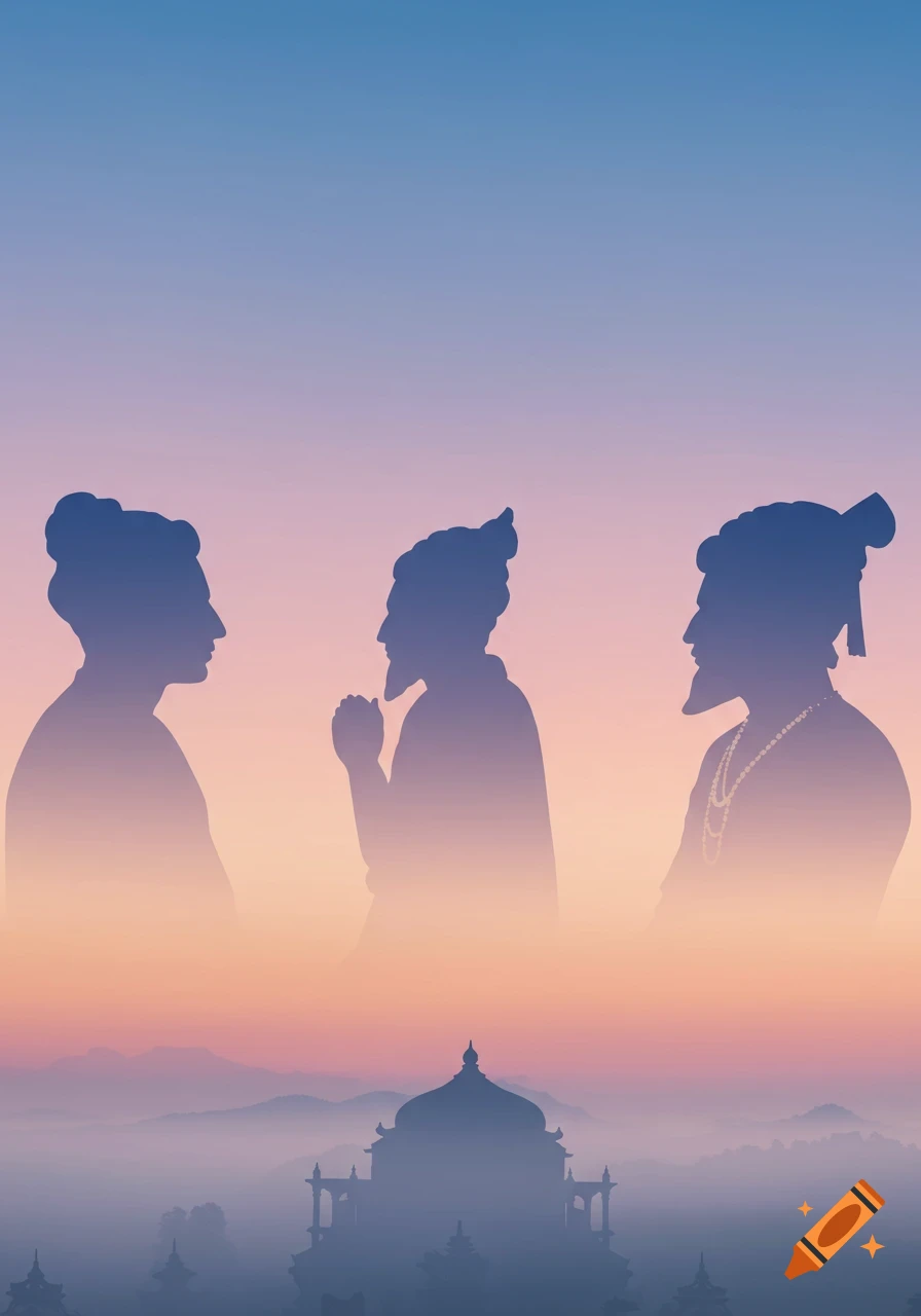 Silhouettes of three historical figures and a monument against a gradient sunset sky.