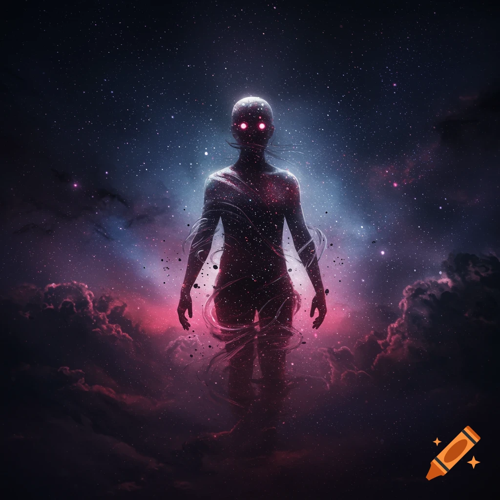 Ethereal cosmic figure with glowing red eyes stands against a vibrant starry sky with purple and blue nebulae.