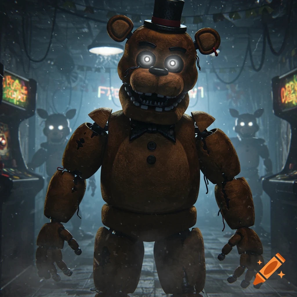A creepy brown animatronic bear with a top hat and bowtie, Freddy Fazbear, stands in a dark, atmospheric arcade with glowing-eyed animatronics in the background.