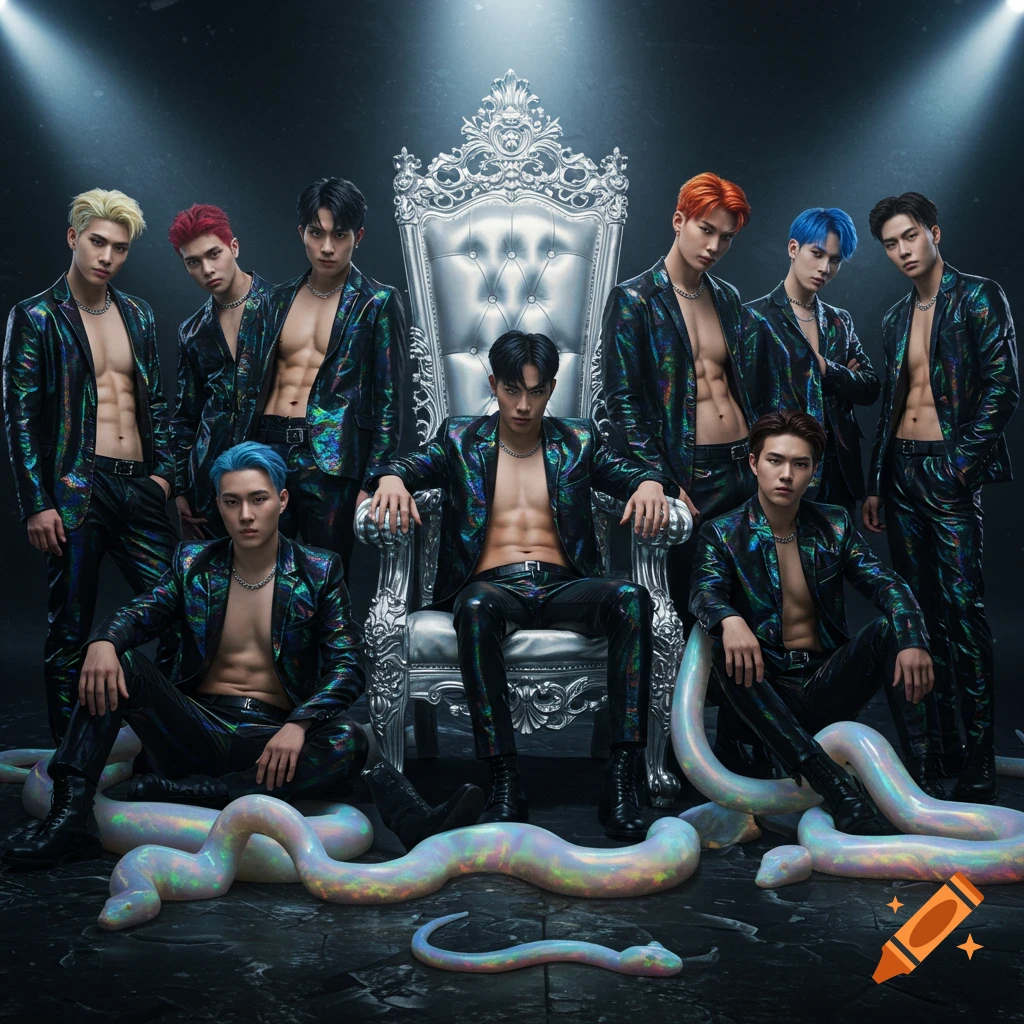 Eight handsome young Asian men in iridescent suits pose around a silver throne with iridescent snakes on the floor in a dark room.